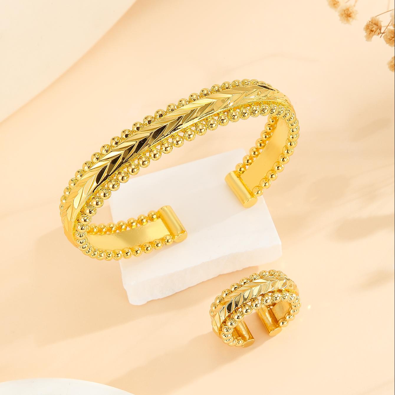 Vinzaa Vintage Dubai Gold 2-Piece Set - Open Cuff Bangle & Matching Statement Ring