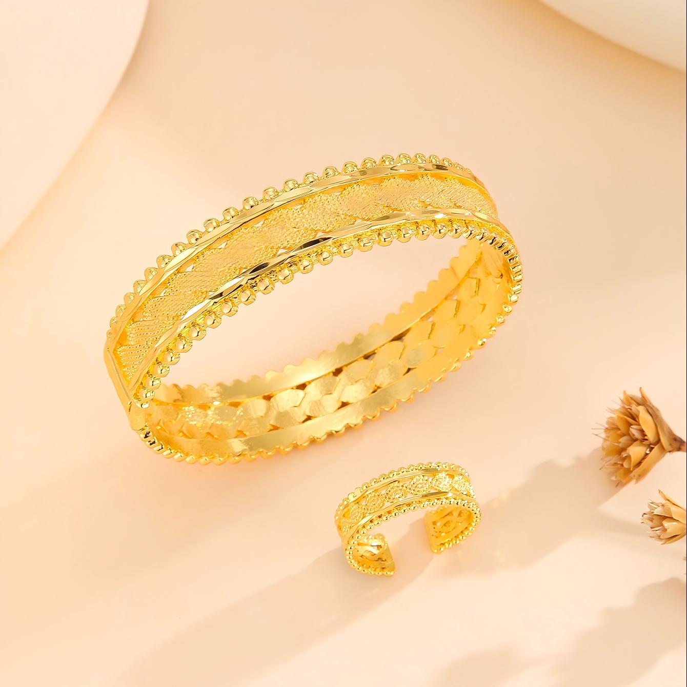 Vinzaa Vintage Dubai Gold 2-Piece Set - Open Cuff Bangle & Matching Statement Ring