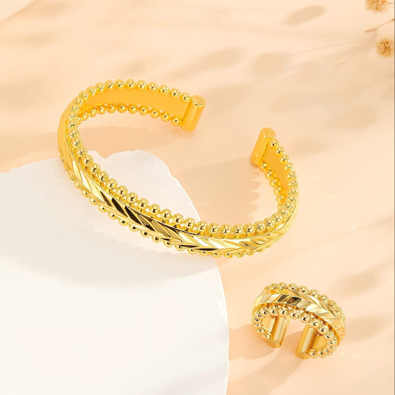 Vinzaa Vintage Dubai Gold 2-Piece Set - Open Cuff Bangle & Matching Statement Ring