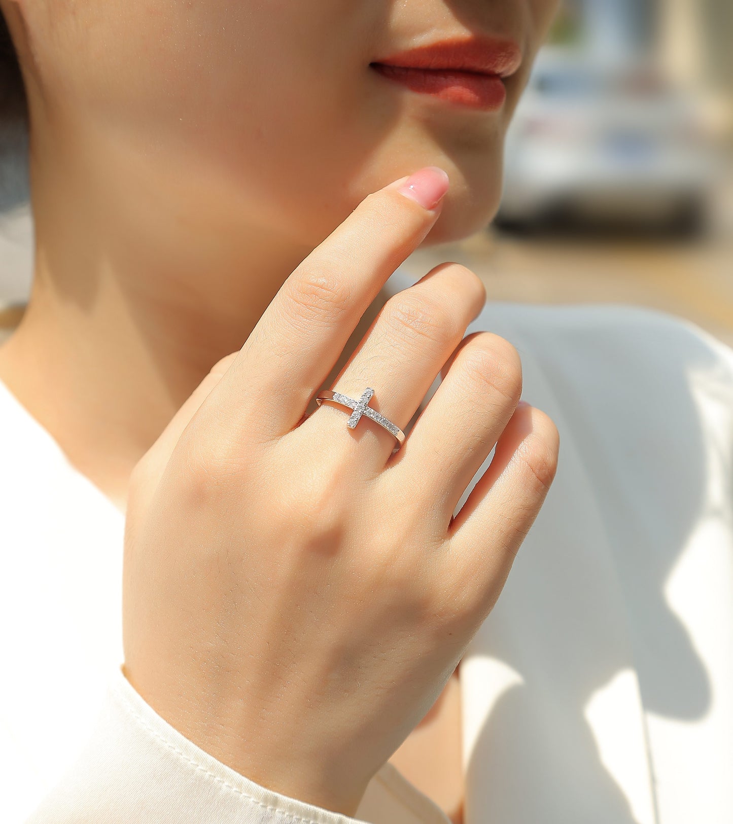 Vinzaa Shelter - Moissanite Sideways Cross Ring in Platinum-Plated S925 Silver