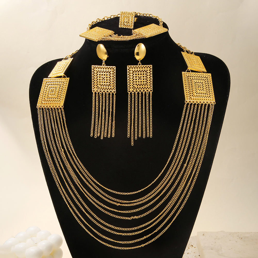 Vinzaa Majestic 5-Piece 18K Gold Plated Jewelry Set - Tassel Detail Wedding & Gala Statement Set