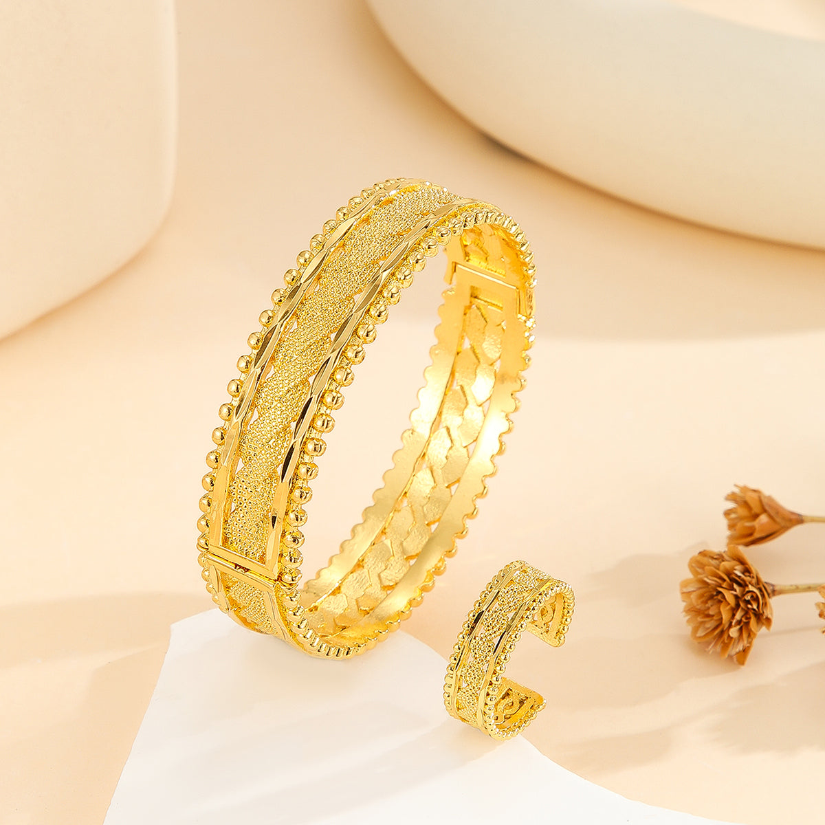 Vinzaa Vintage Dubai Gold 2-Piece Set - Open Cuff Bangle & Matching Statement Ring