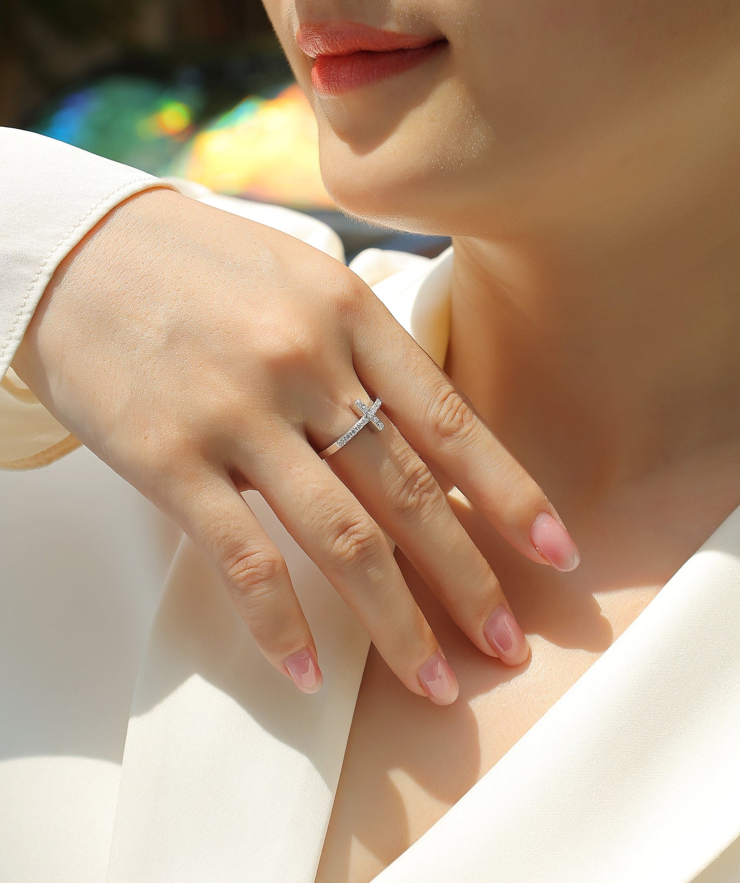 Vinzaa Shelter - Moissanite Sideways Cross Ring in Platinum-Plated S925 Silver
