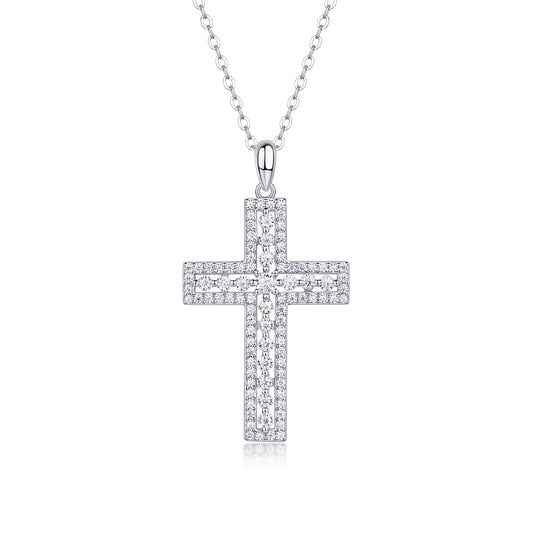 Vinzaa Shelter - Moissanite Cross Pendant Necklace in Platinum-Plated S925 Silver