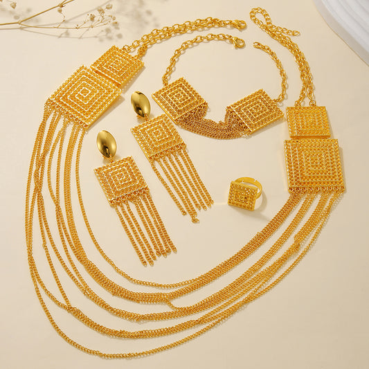 Vinzaa Majestic 5-Piece 18K Gold Plated Jewelry Set - Tassel Detail Wedding & Gala Statement Set