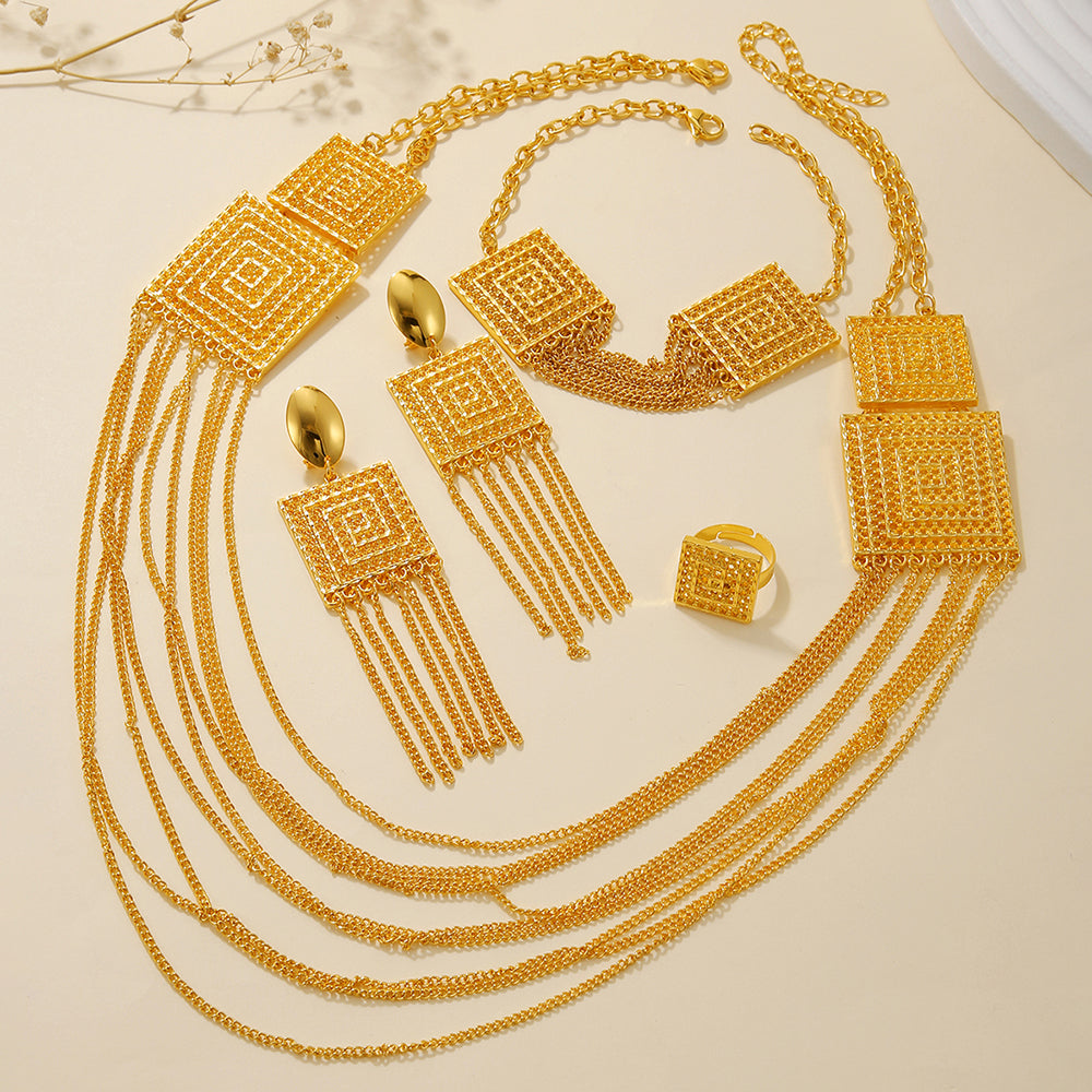 Vinzaa Majestic 5-Piece 18K Gold Plated Jewelry Set - Tassel Detail Wedding & Gala Statement Set
