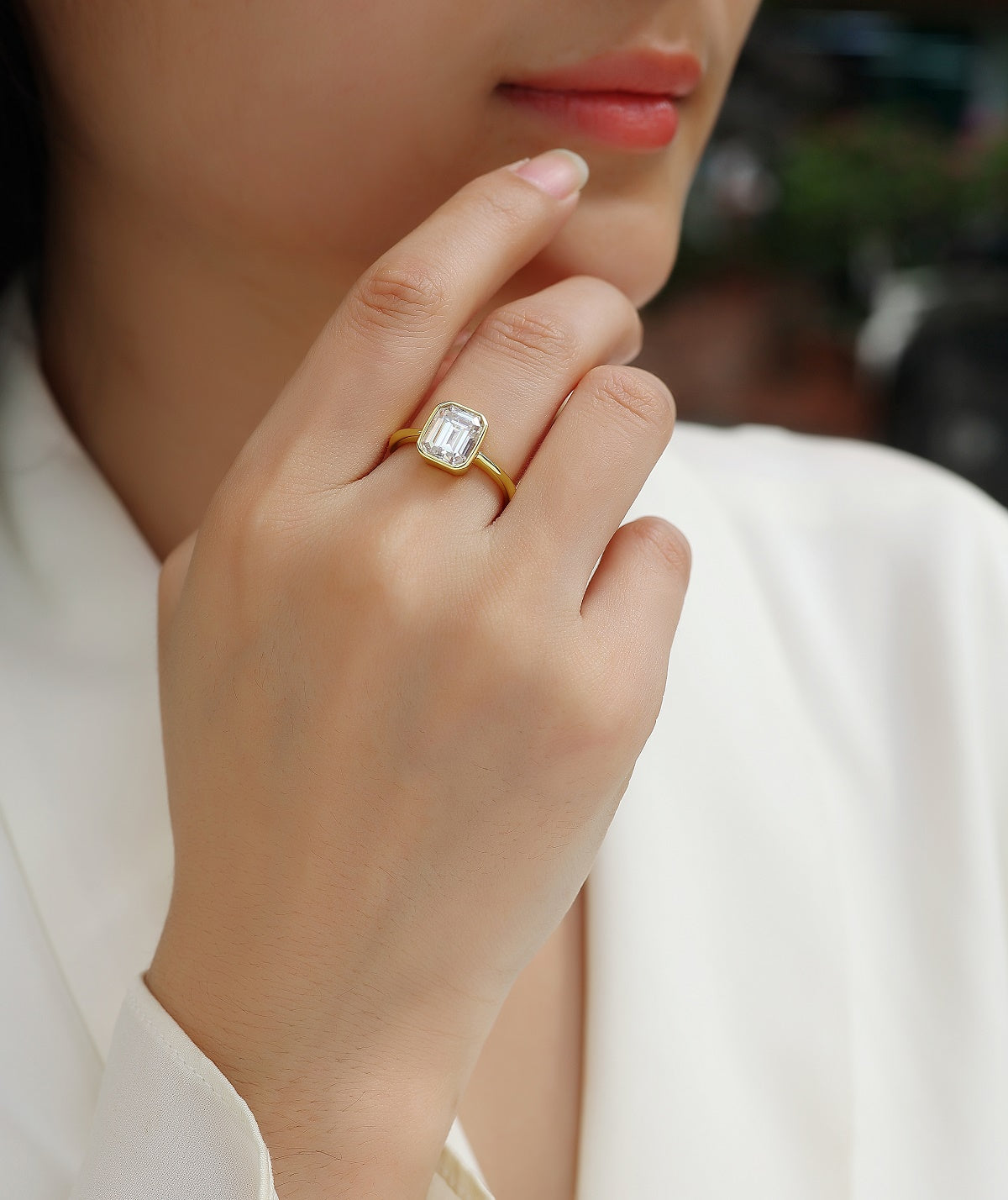 Vinzaa Pagoda - 7x9mm Octagon Moissanite Bezel Ring in Gold-Plated S925 Silver