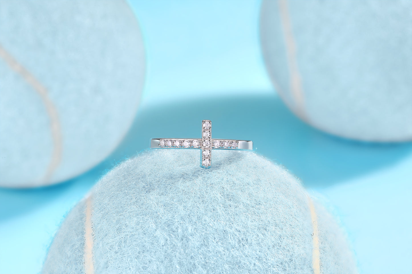 Vinzaa Shelter - Moissanite Sideways Cross Ring in Platinum-Plated S925 Silver