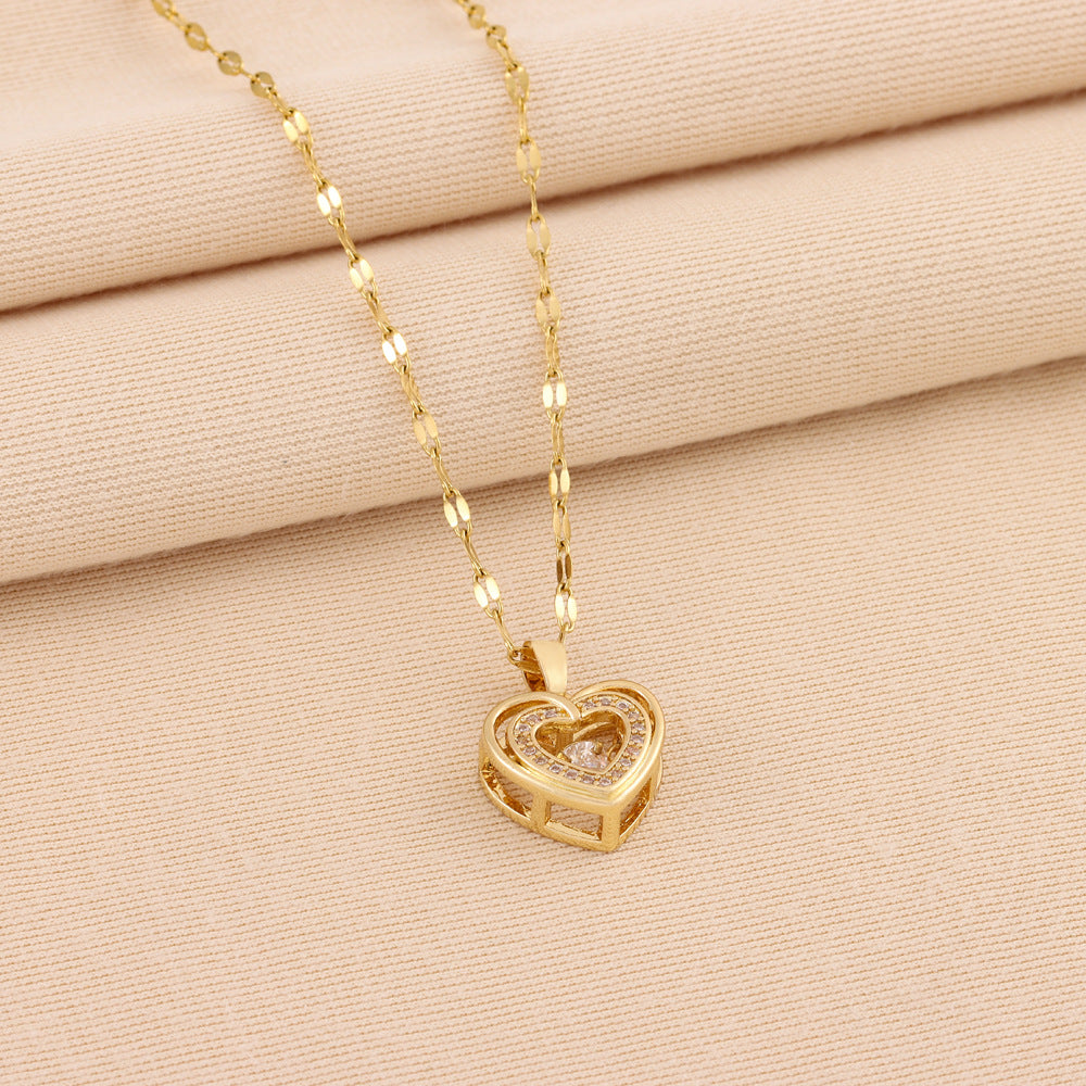 Vinzaa Double-Layer Love Necklace - Titanium Steel Heart Pendant with Brilliant Rhinestones