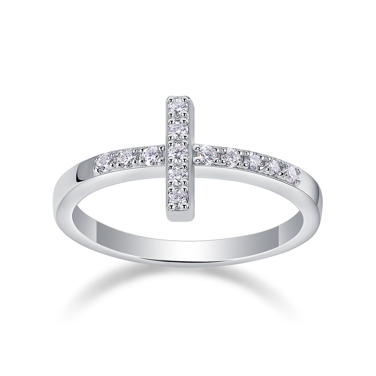 Vinzaa Shelter - Moissanite Sideways Cross Ring in Platinum-Plated S925 Silver