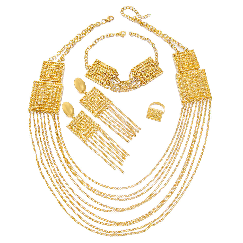 Vinzaa Majestic 5-Piece 18K Gold Plated Jewelry Set - Tassel Detail Wedding & Gala Statement Set