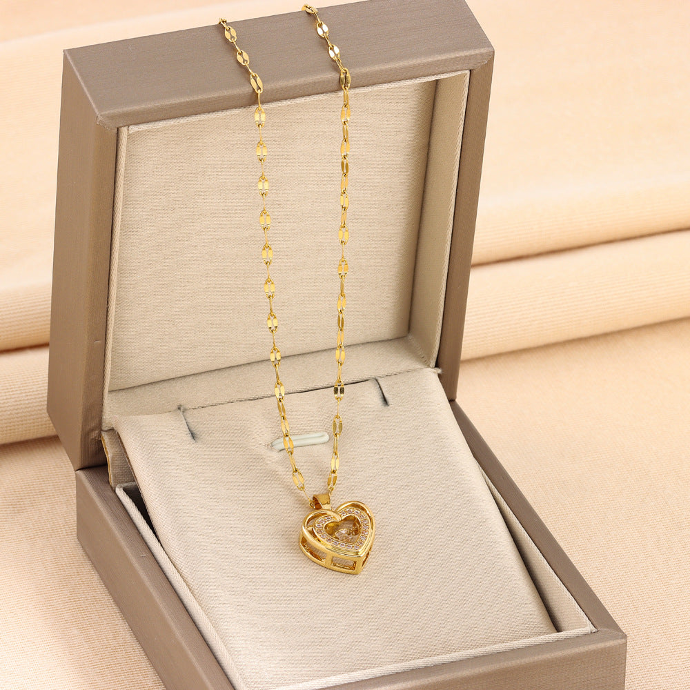 Vinzaa Double-Layer Love Necklace - Titanium Steel Heart Pendant with Brilliant Rhinestones