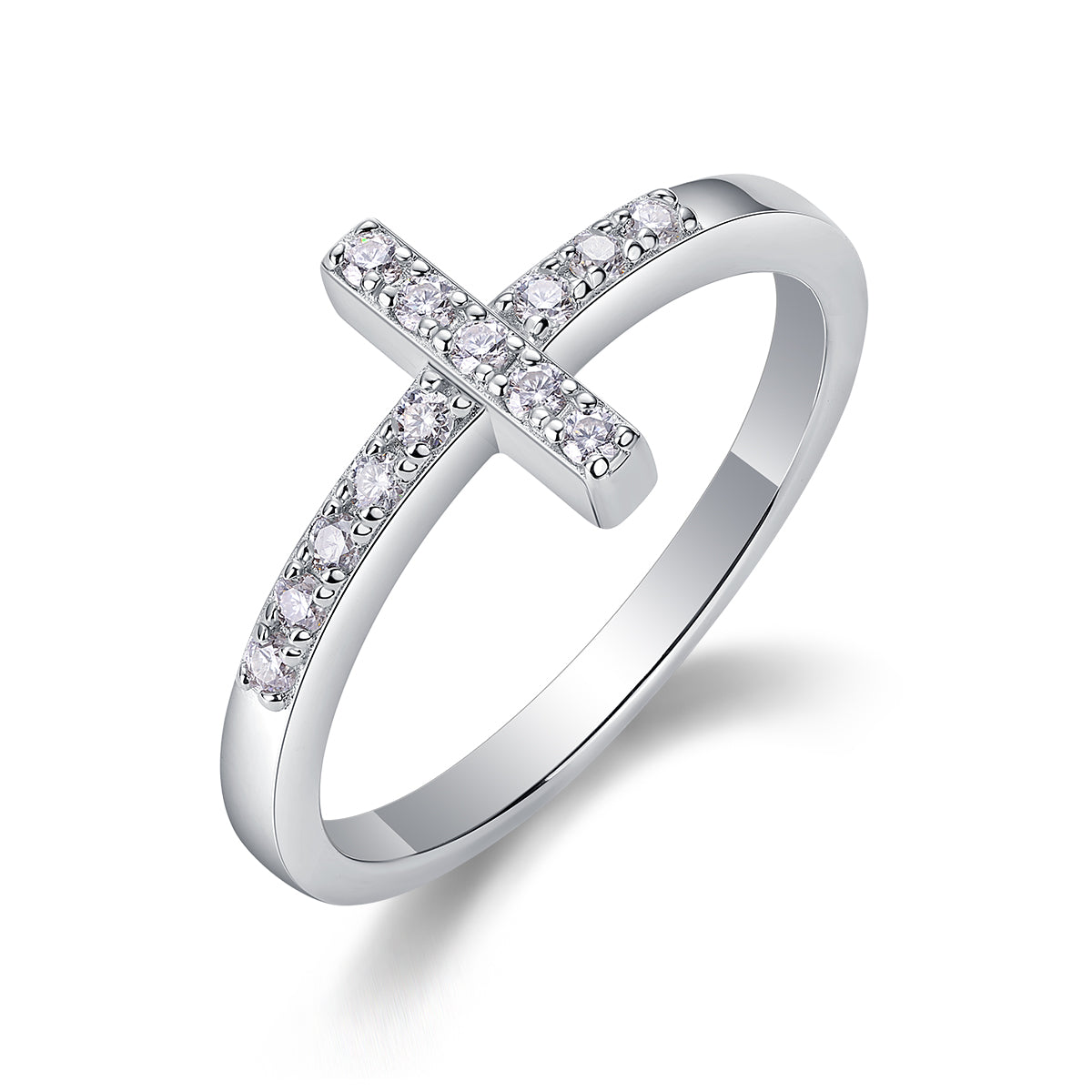 Vinzaa Shelter - Moissanite Sideways Cross Ring in Platinum-Plated S925 Silver