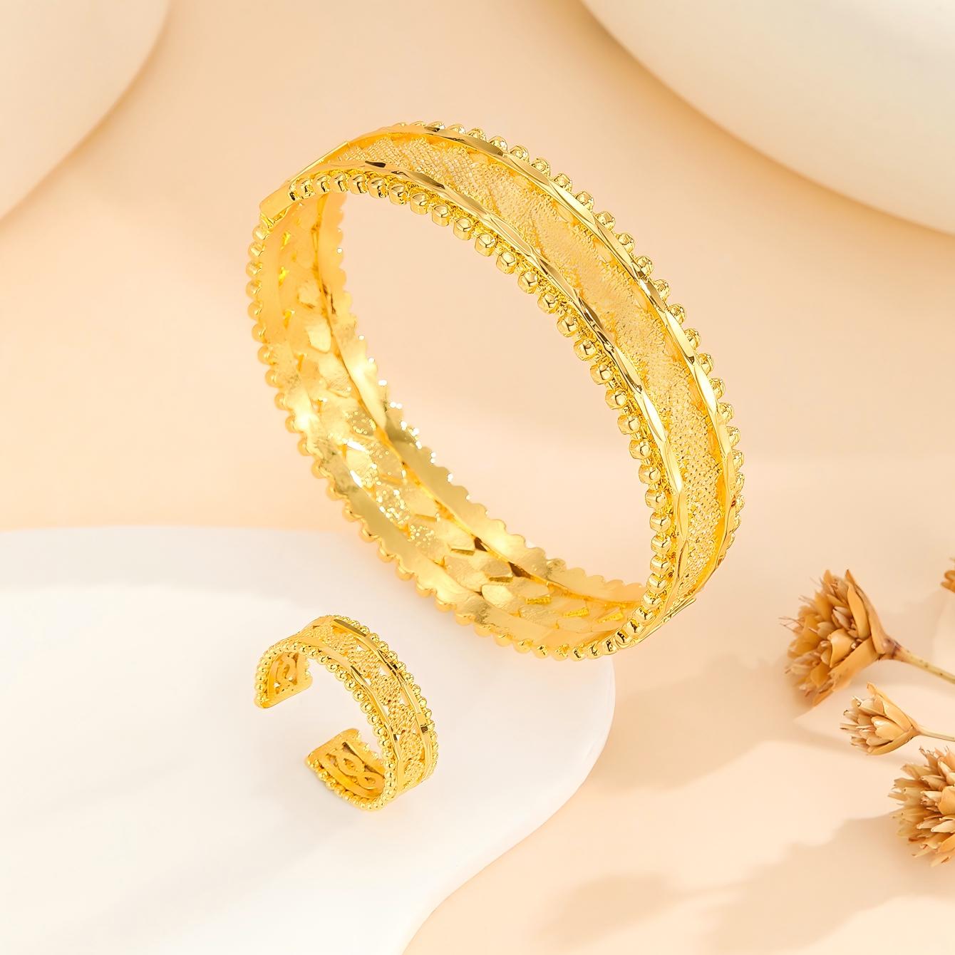 Vinzaa Vintage Dubai Gold 2-Piece Set - Open Cuff Bangle & Matching Statement Ring