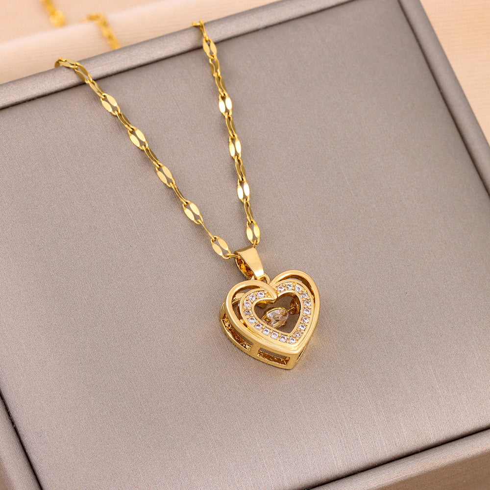 Vinzaa Double-Layer Love Necklace - Titanium Steel Heart Pendant with Brilliant Rhinestones