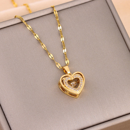 Vinzaa Double-Layer Love Necklace - Titanium Steel Heart Pendant with Brilliant Rhinestones