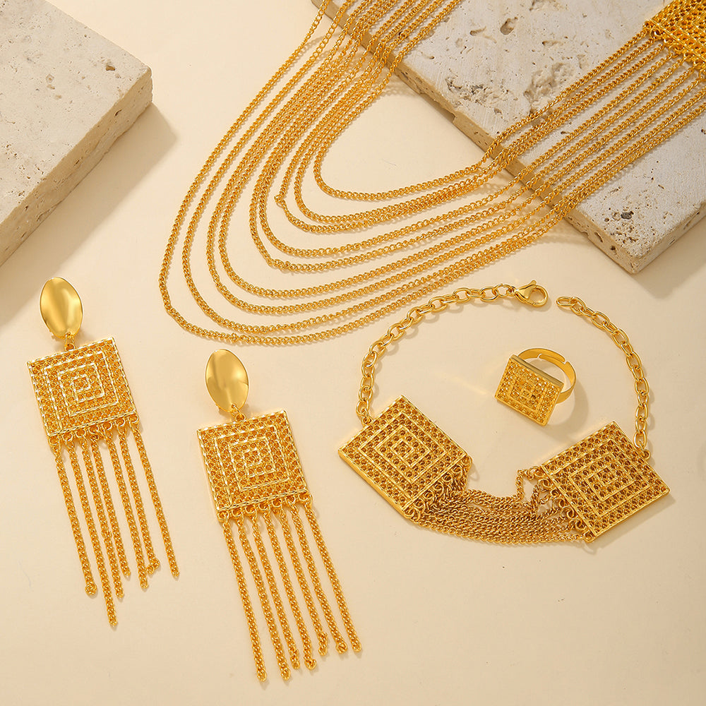 Vinzaa Majestic 5-Piece 18K Gold Plated Jewelry Set - Tassel Detail Wedding & Gala Statement Set