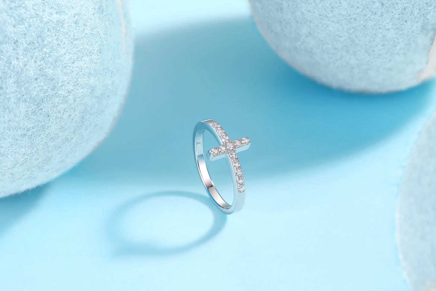Vinzaa Shelter - Moissanite Sideways Cross Ring in Platinum-Plated S925 Silver