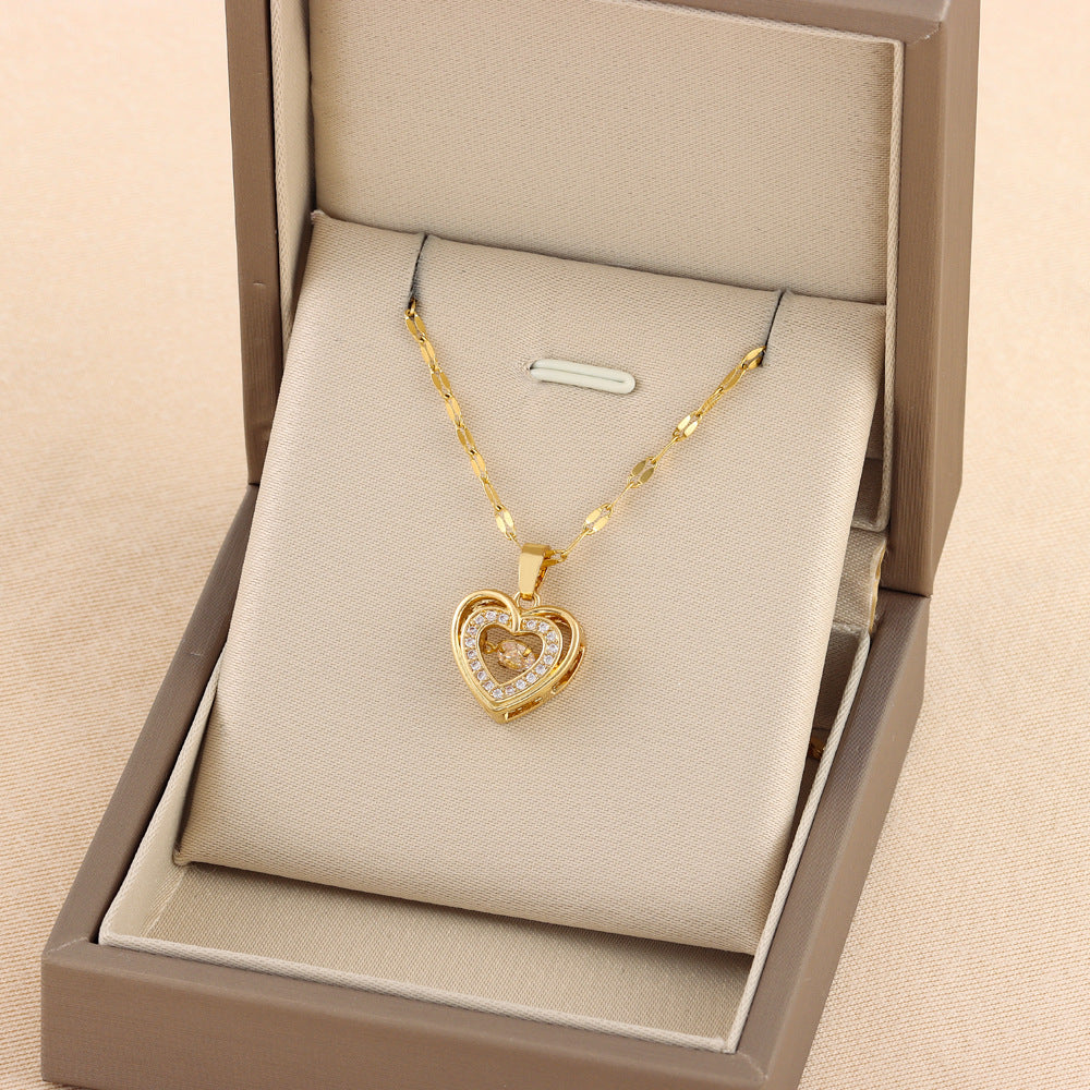 Vinzaa Double-Layer Love Necklace - Titanium Steel Heart Pendant with Brilliant Rhinestones